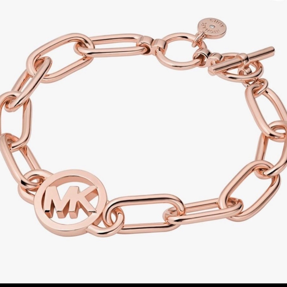Michael Kors Rose Gold Tone Mk Logo Long Link Toggle Bracelet